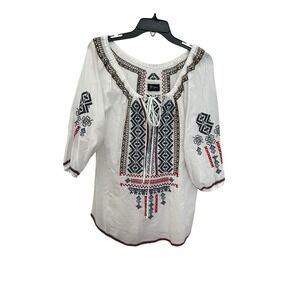 Biya Shirt Womens XS Embroidered Geometric Boho Peasant Prairie Tunic #HH12-1